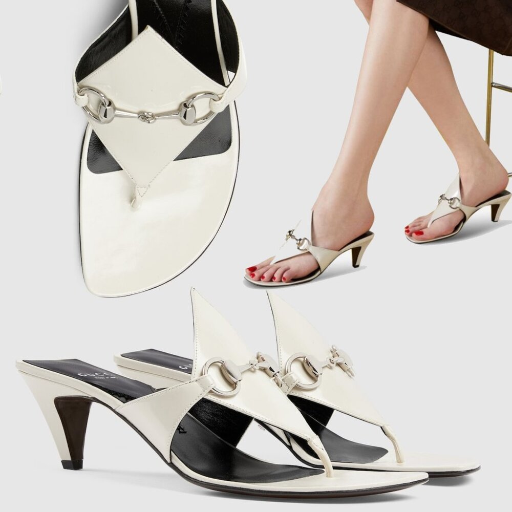 GUCCI SHOES HORSEBIT WHITE LEATHER THONG SANDALS w G LOGO HEEL sz 41 11 US